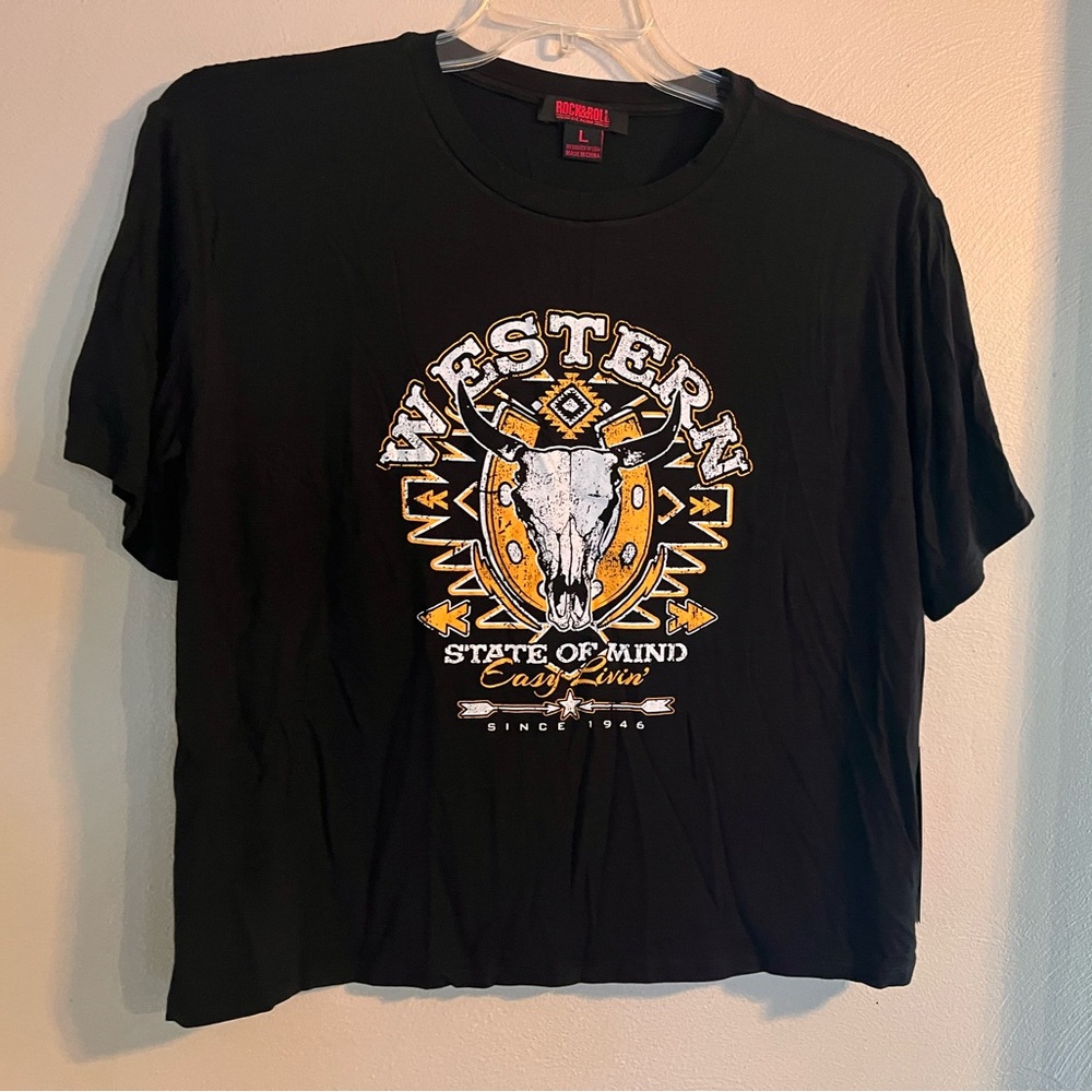 Rock & Roll Western tee women’s Large black cropped boxy fit graphic stretch NWT